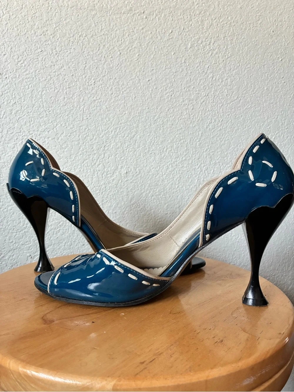John Fluevog Hepburn Peep-Toe Heels with Black Flared Heels
